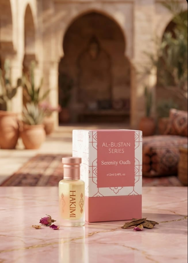 Perfume bottle and packaging on a marble surface with a blurred background