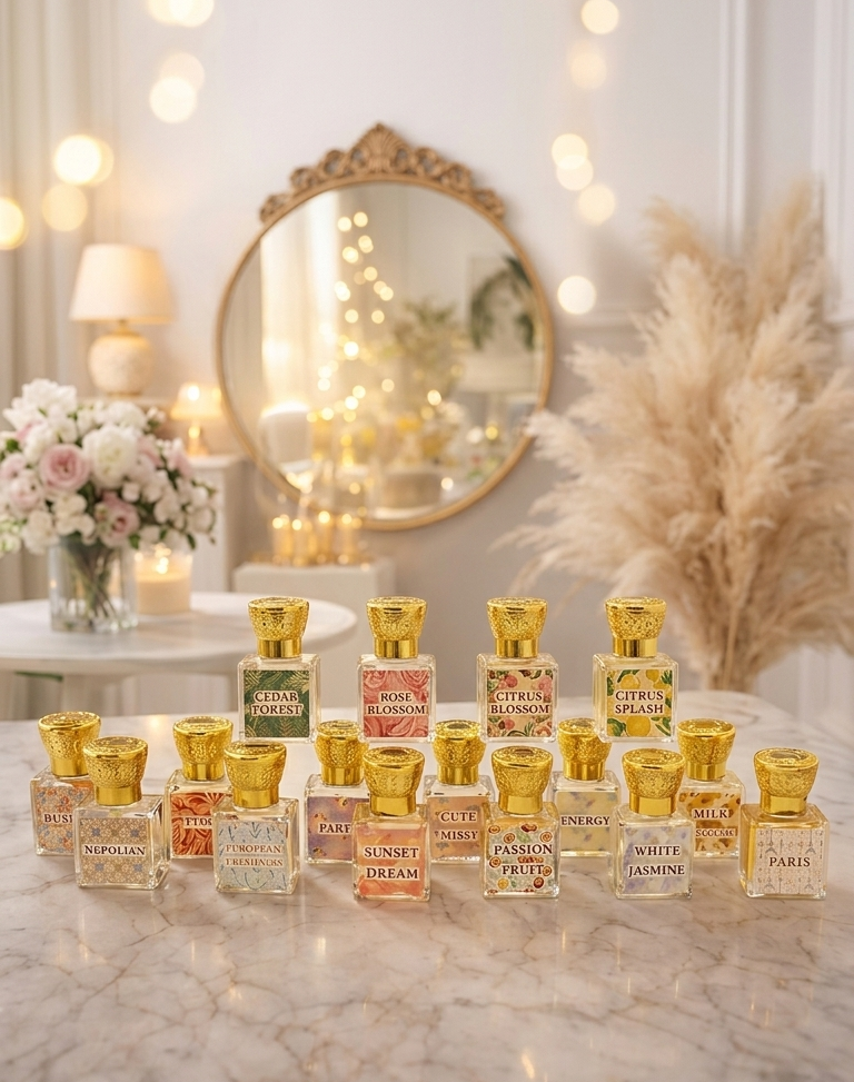 Collection of perfume bottles on a marble surface with decorative lights and flowers in the background