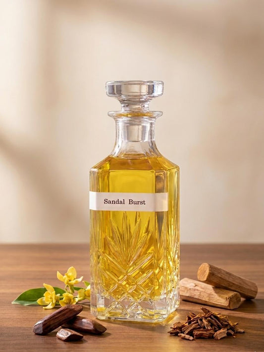 Glass decanter labeled 'Sandal Burst' with sandalwood elements on a wooden surface