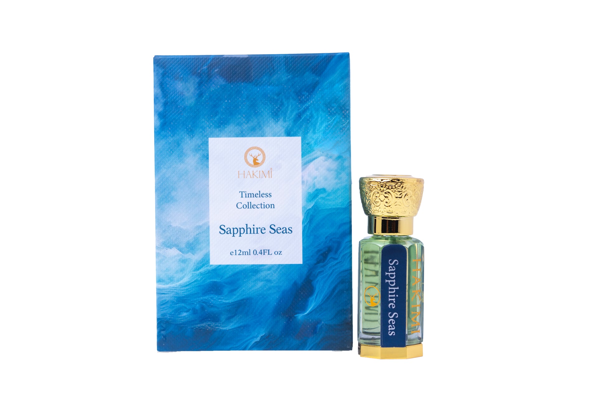 Perfume bottle and packaging with 'Sapphire Seas' label on a white background