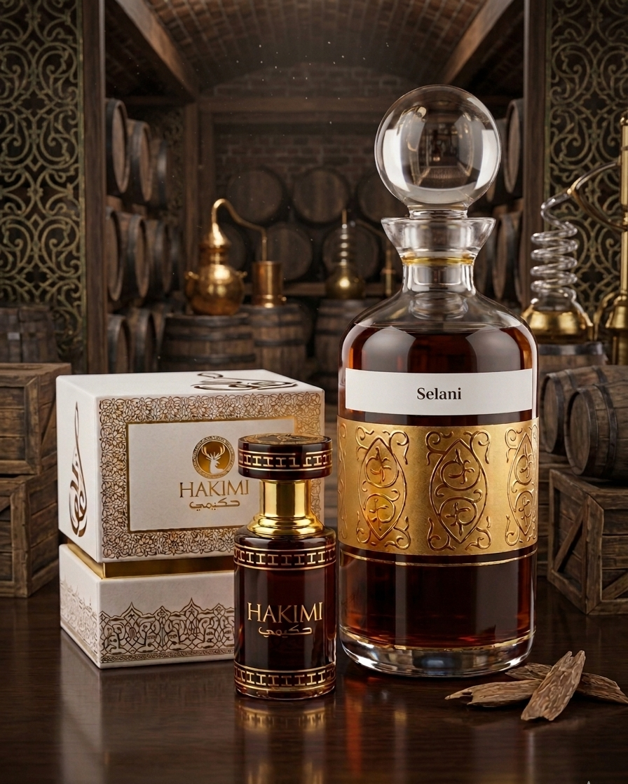 Two bottles of Hakimi and Selani in a rustic setting with wooden barrels.