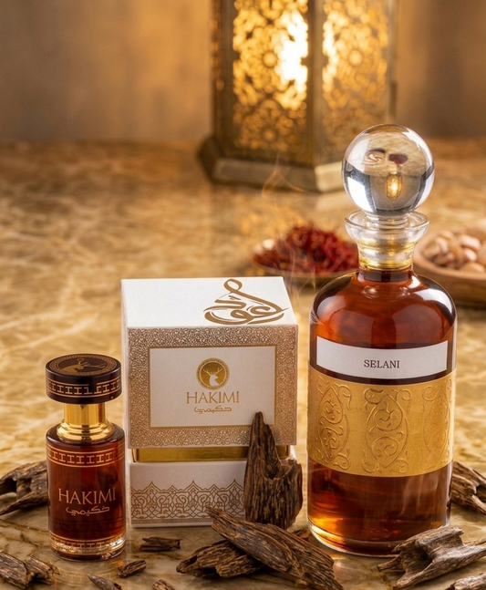 Hakimi and Selani perfume bottles with packaging on a decorative surface.