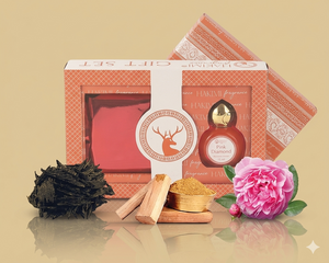 Harmony Fragrances gift set with a bottle, incense sticks, and flowers on a beige background