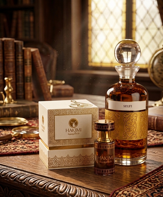 Hakimi perfume bottle and packaging on a wooden table with a classical interior background
