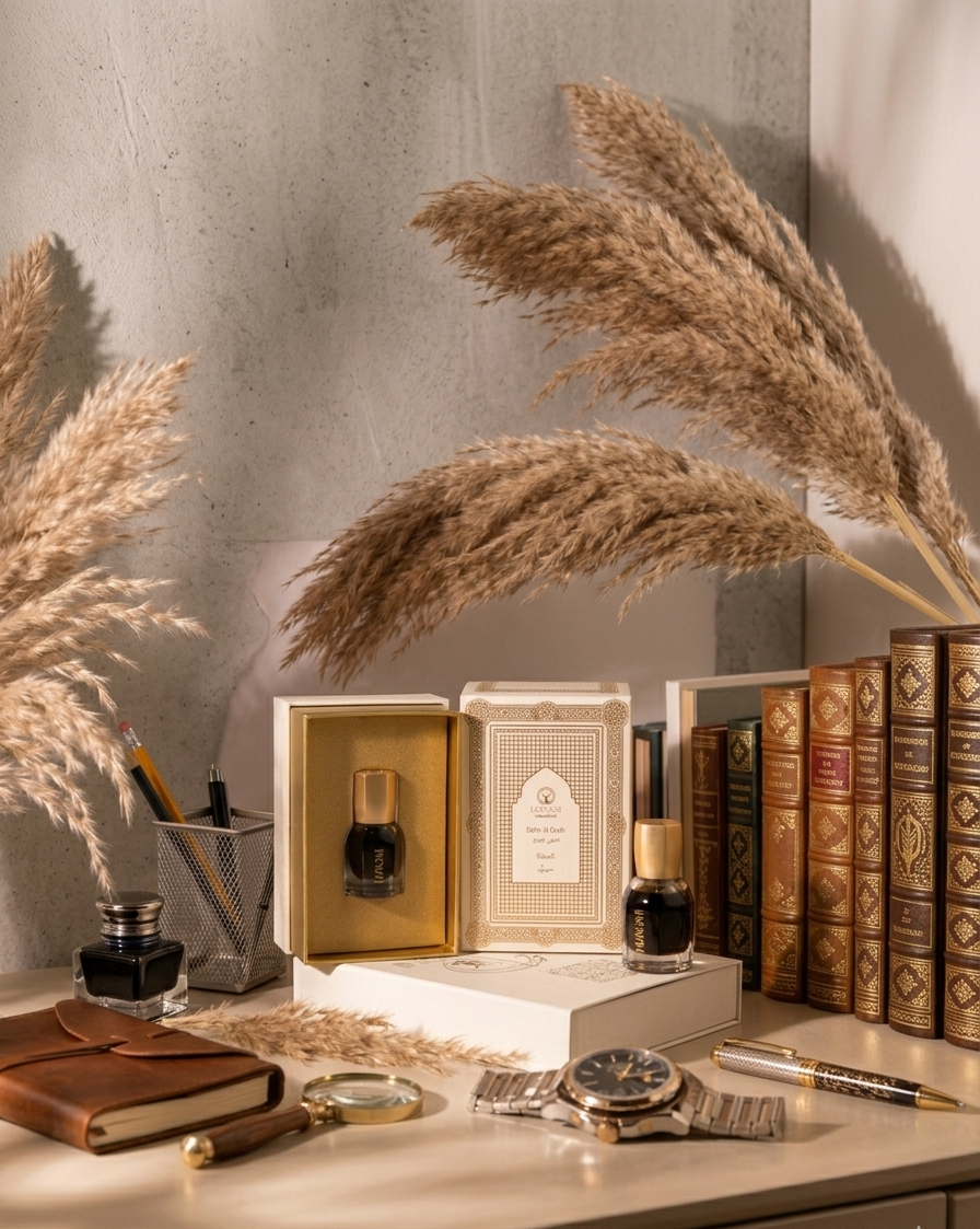 Decorative setup with books, inkwell, and pampas grass on a textured surface