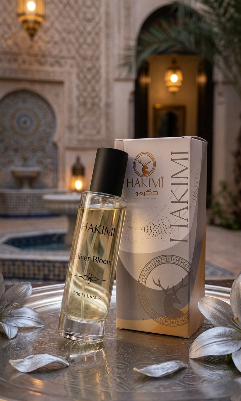 Hakimi skincare product on a decorative tray with a blurred background