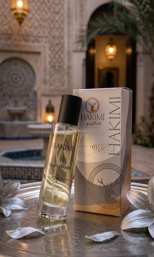 Hakimi skincare product on a decorative tray with a blurred background