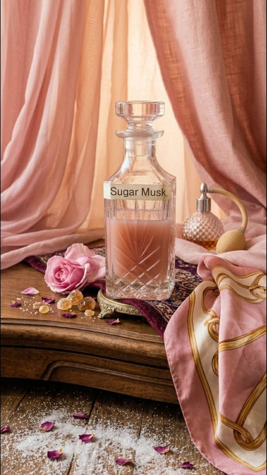 A clear glass decanter labeled 'Sugar Musk' filled with pink liquid, styled on a wooden surface with pink fabric, a pink rose, scattered rose petals, and a warm draped backdrop.