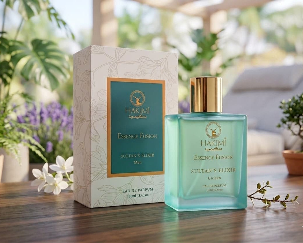 Hakimi perfume bottle and packaging on a wooden surface with plants in the background