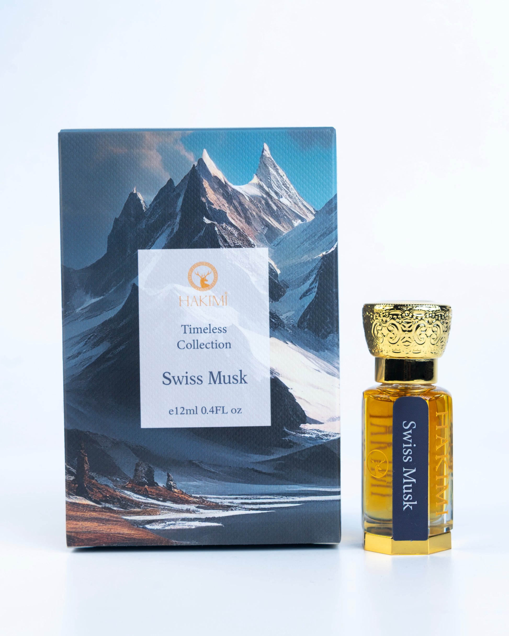 Perfume bottle with packaging featuring mountain scenery on a white background