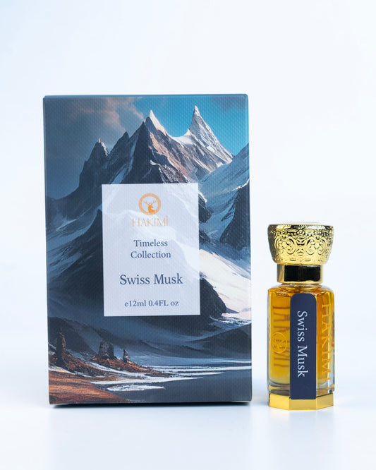 Perfume bottle with packaging featuring mountain scenery on a white background