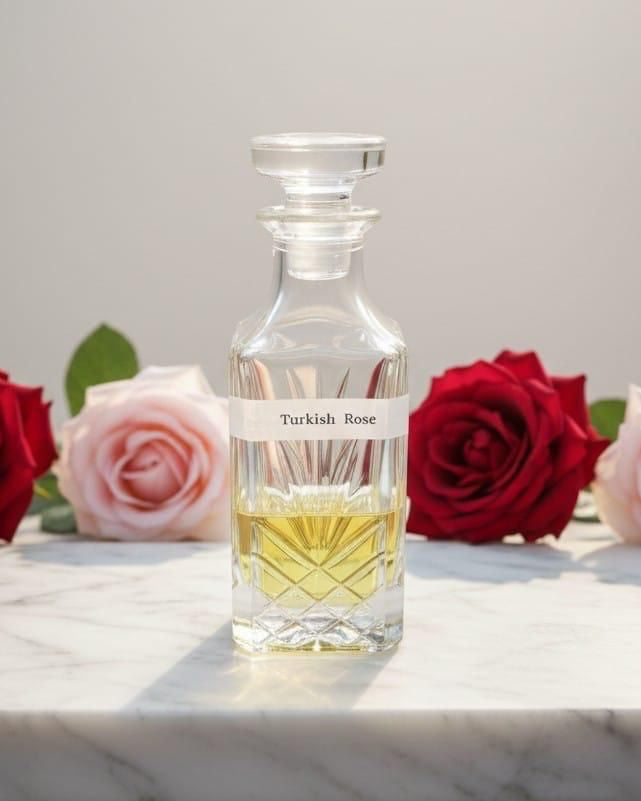 Clear glass bottle labeled 'Turkish Rose' with roses in the background