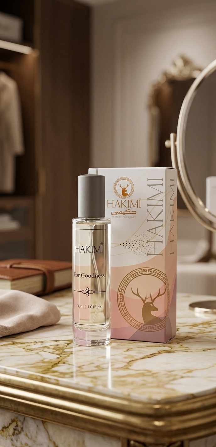 Hakimi skincare products on a marble surface with a blurred background