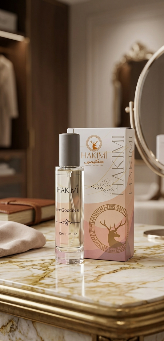 Hakimi skincare products on a marble surface with a blurred background