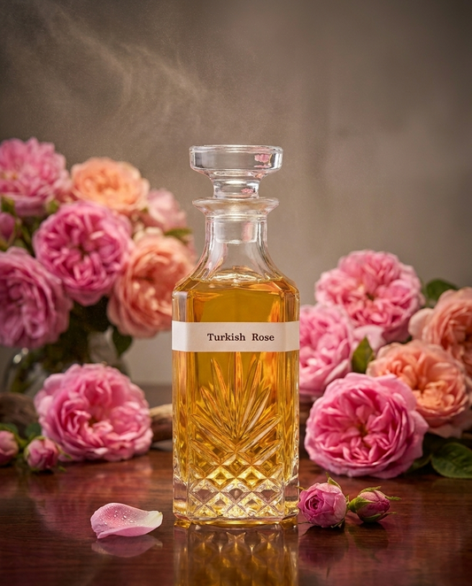 Turkish Rose decanter with pink roses in the background