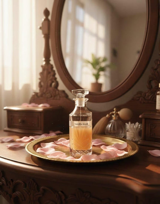 Perfume bottle on a decorative tray with rose petals in a vintage room setting
