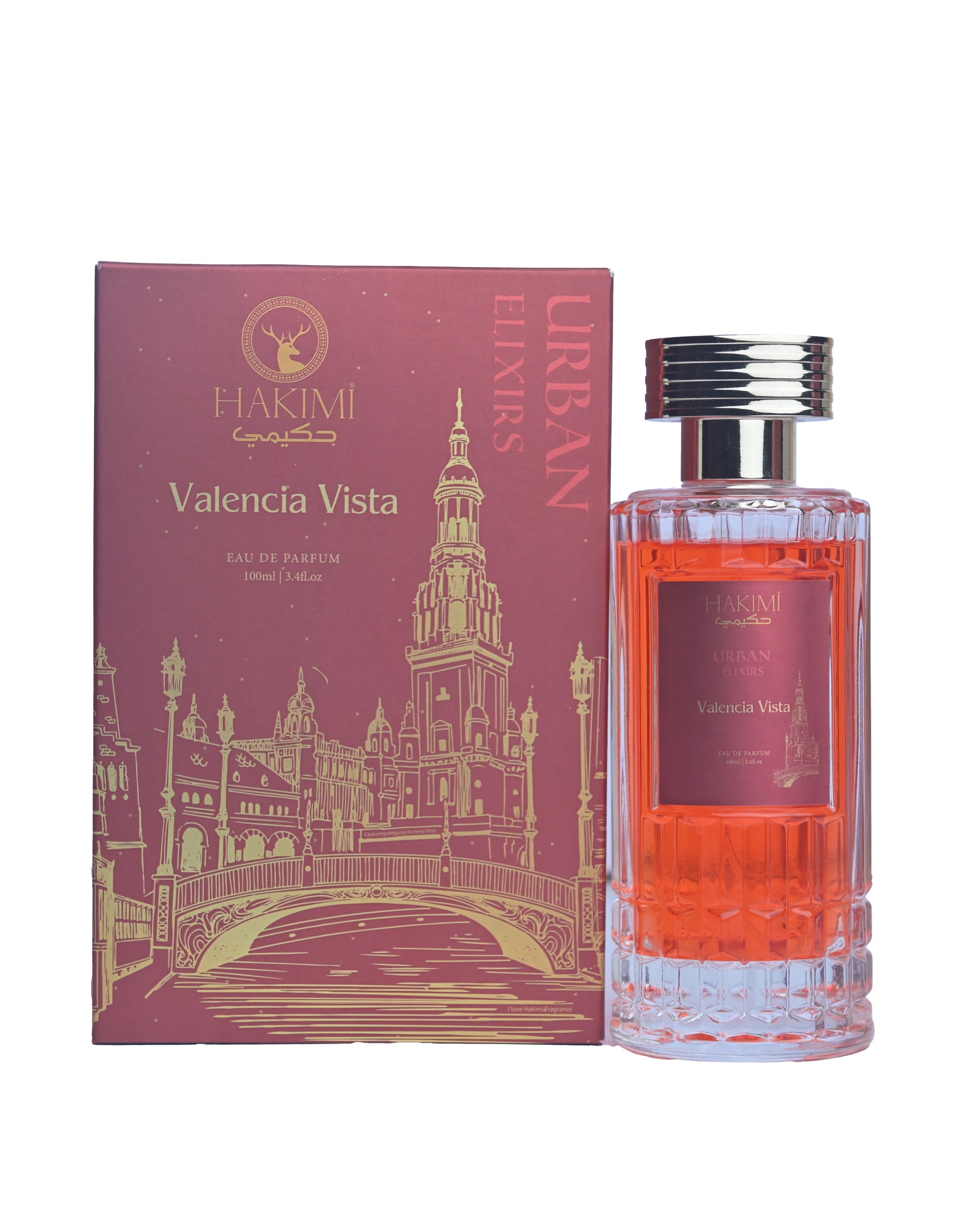 Perfume bottle and packaging with 'Valencia Vista' branding on a white background