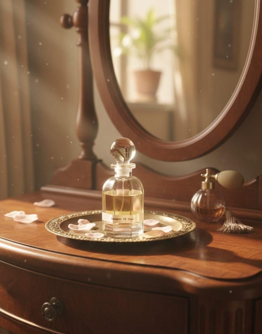 Glass perfume bottle on a wooden dresser with a mirror in the background