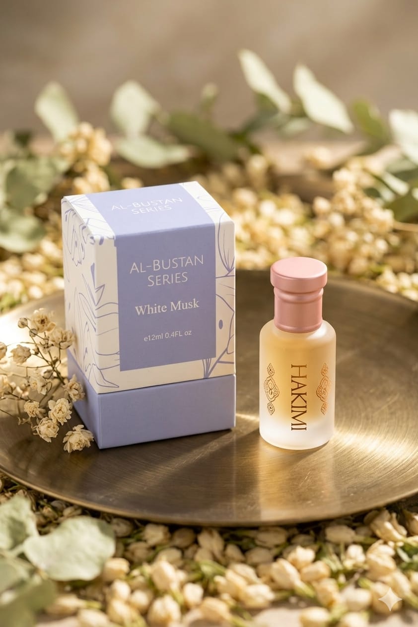 Fakhra White Musk perfume bottle and packaging on a decorative tray with flowers and leaves.
