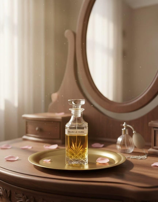 Perfume bottle on a gold tray with a mirror and decorative items in the background