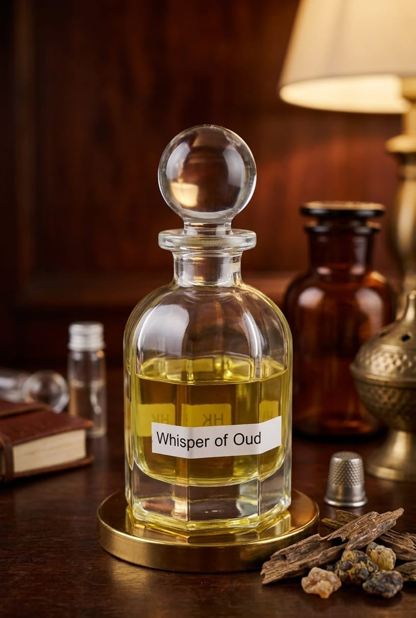 Glass bottle labeled 'Whisper of Oud' on a wooden surface with books and decorative items.