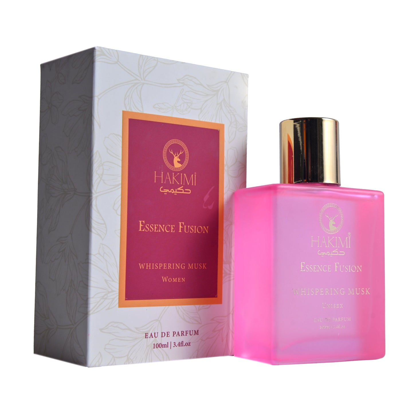 Pink perfume bottle with gold cap and Harcmi box on a white background