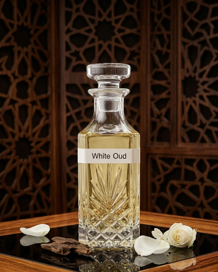 Clear glass decanter labeled 'White Oud' with decorative elements on a reflective surface.