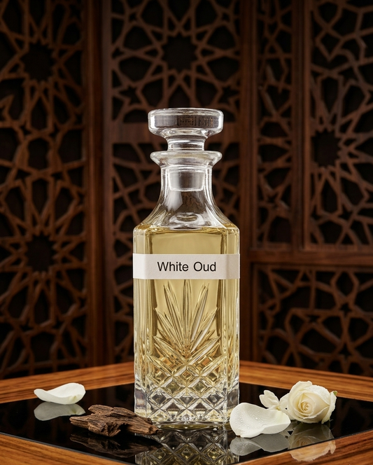 Clear glass decanter labeled 'White Oud' with decorative elements on a reflective surface.