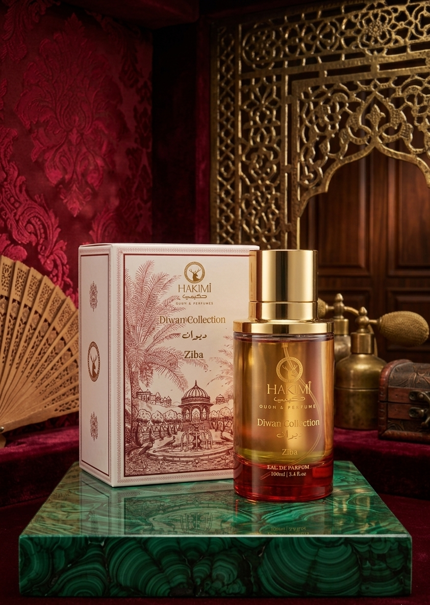 Perfume bottle and packaging on a decorative surface with intricate background