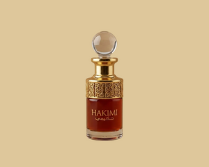Perfume bottle labeled 'Hakimi' on a beige background