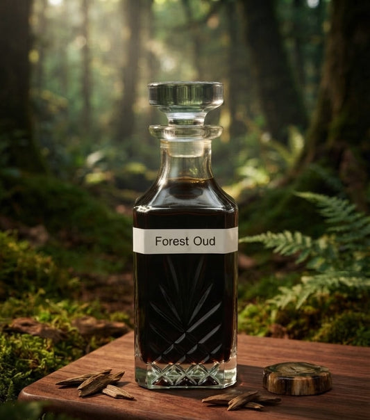 A clear glass decanter filled with very dark liquid stands on a wooden board in a forest setting. The label reads 'Forest Oud', and small dried botanical pieces and a round wood slice sit beside it.