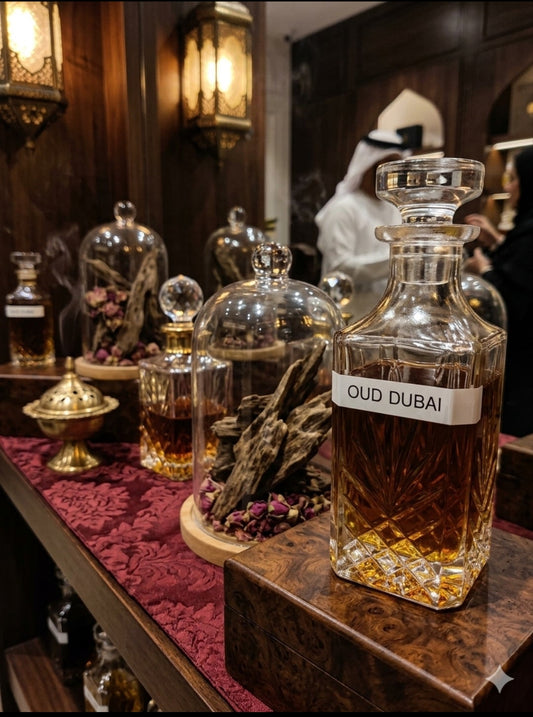 A clear glass decanter labeled 'OUD DUBAI' filled with amber liquid, displayed on a wooden surface in a warm, dark interior with glass domes and other bottles in the background.