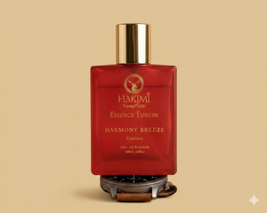 Red perfume bottle with gold cap on a beige background