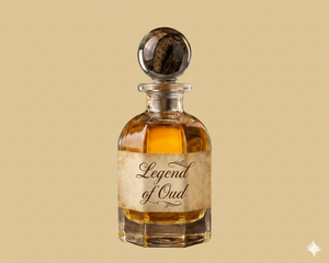 Perfume bottle labeled 'Legend of Oud' on a beige background